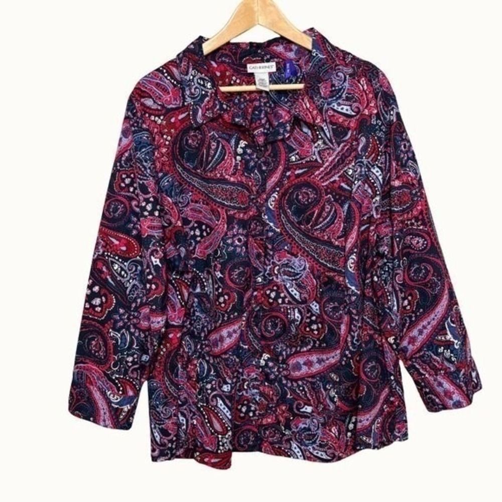 Catherines Women Paisley Button Up Top Sz 3XWP Navy Magenta Boho Eclectic Mature